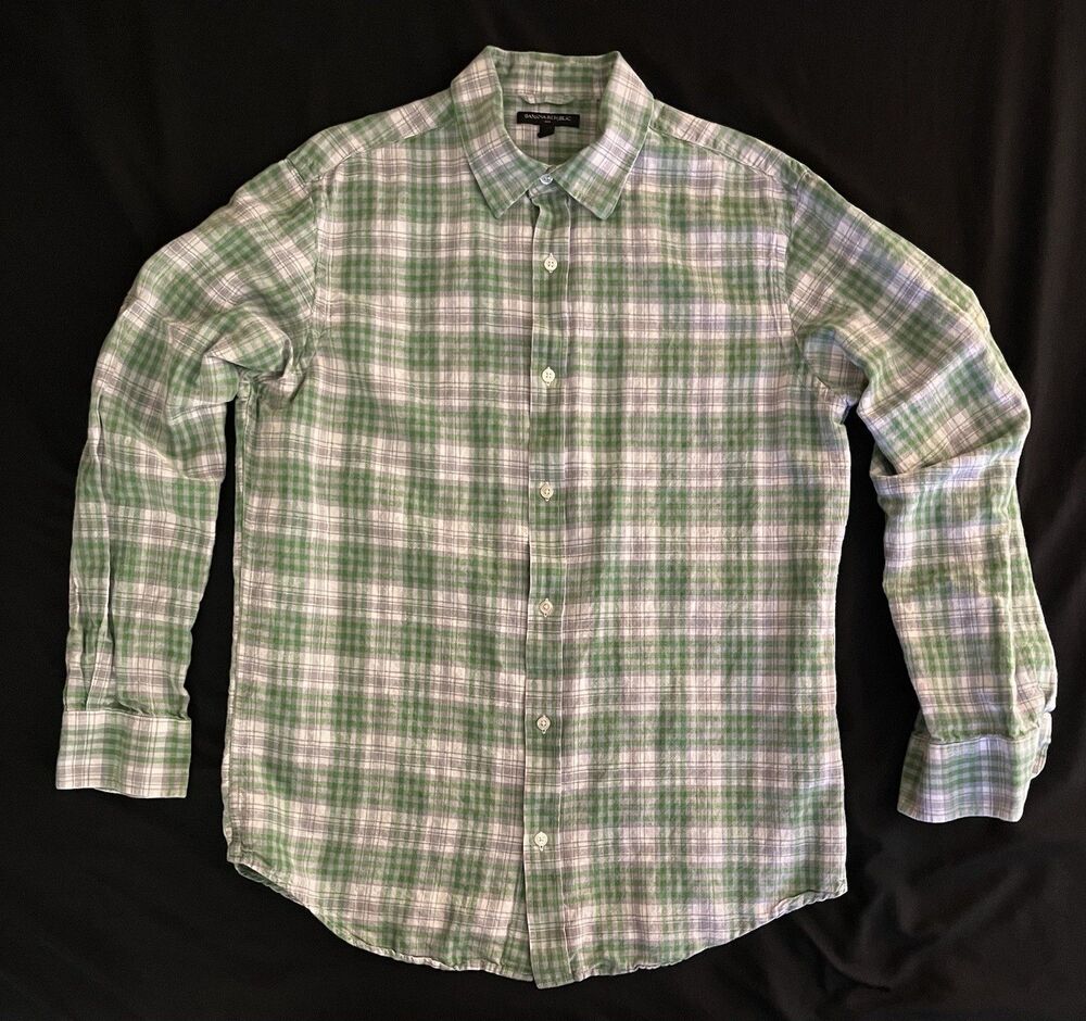 Banana Republic Large Long Sleeve Linen /Cotton shirt Green, White Plaid